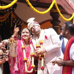 The joy of a wedding is in the shared moments of laughter and celebration. Here, Deep and Shagun share a lighthearted moment during their wedding festivities at the ashram.
