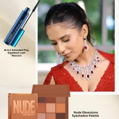 The eyes are the focus of this cocktail look. I used the Huda Beauty Nude Obsessions palette for a warm, defined eye and finished with MAC Extended Play mascara to make the lashes pop.