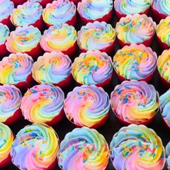 Another look at a large batch of our rainbow cupcakes. Each one is topped with colorful sprinkles, adding a bit of extra joy and crunch.