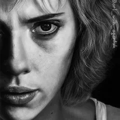 A black and white portrait of Scarlett Johansson as Lucy. I used dramatic, high-contrast lighting to capture the intensity and raw emotion of her character in the film, focusing on the details in her expressive eyes.