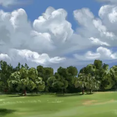 A beautiful green landscape under a sky full of fluffy clouds. This piece shows my more painterly, impressionistic style, perfect for capturing the open, airy feeling of a park or field.