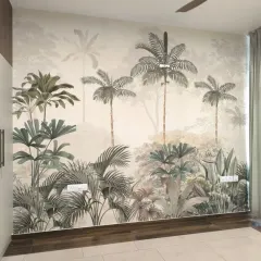 A serene, large-scale palm tree mural in a bedroom. The muted, monochromatic tones create a calm and sophisticated tropical vibe.