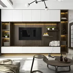 This entertainment center provides a complete storage solution with a mix of dark wood and white handle-less cabinets. The asymmetrical shelving and integrated backlighting create a dynamic and functional focal point.