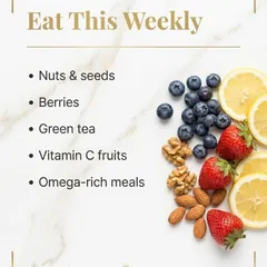 For skin health in your 30s, I recommend eating these foods weekly. Nuts, seeds, berries, and Vitamin C-rich fruits provide antioxidants, while omega-rich meals help maintain your skin's barrier and hydration.