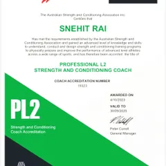 I have earned the Professional Level 2 (PL2) Strength and Conditioning Coach accreditation from the Australian Strength and Conditioning Association (ASCA). This advanced certification recognizes my ability to design and implement programs for high-level athletes.