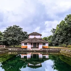 The serene Vishnu Thirtha Temple pond, located near our heritage homestay in North Canara.