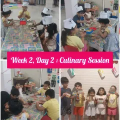 A collage from our summer camp culinary session. It was a day filled with little chefs in their hats, learning to mix, plate, and enjoy the healthy snacks they made themselves.