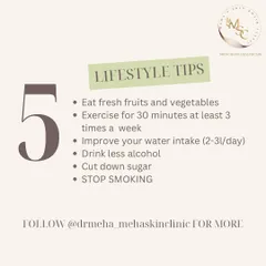 Lifestyle choices have a huge impact on your skin's health and aging process. This graphic lists five key tips: eat fresh produce, exercise regularly, stay hydrated, drink less alcohol, and stop smoking.