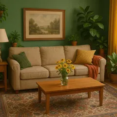 After: The same space transformed into a biophilic retreat. By introducing rich green walls, layered textures, natural wood, and plenty of plants, we created a room that feels warm, vibrant, and deeply connected to nature.
