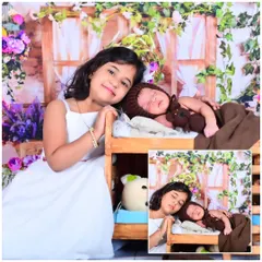 Twice the love, twice the joy. This collage captures the tender bond between an older sister and her newborn sibling against a lovely floral backdrop, showing both posed and sleeping moments.