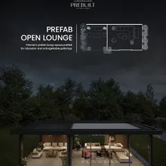 We design and build bespoke prefab open lounges for farmhouses and garden retreats. This concept image showcases a structure with both enclosed and open-air sections, complete with a layout plan, illustrating how we craft spaces for relaxation and social gatherings.