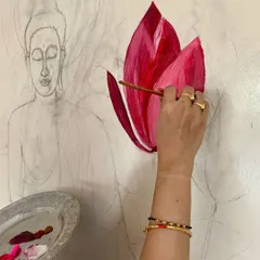 Here’s a look at my process. I always start by sketching the design directly onto the wall, which allows you to see the composition in its actual scale before I begin painting with professional-grade acrylics.