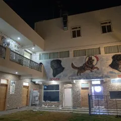 The front of our facility, featuring the beautiful murals of my own dogs, Denver and Jenny, who watch over all their friends who come to stay.