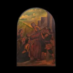 Another painting from the 1850 'Way of the Cross' series. Each of the eight arched tin sheets captures a different stage of the journey to Calvary, making the complete set a rare and important collection of Christian art in India.