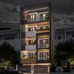 A 3D render for another upcoming luxury builder floor project. This design focuses on a bold, framed structure, using a sophisticated color palette and a mix of materials to create a distinct and contemporary architectural statement.