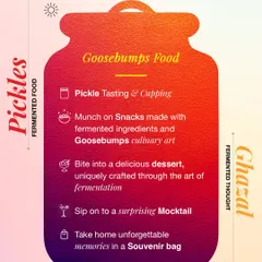 This graphic details the unique food experience at my Food & Ghazal show. Attendees get to enjoy pickle tastings, snacks made with fermented ingredients, and even a special dessert, all while enjoying soulful music.