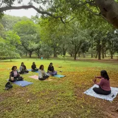 Leading a community yoga and sound healing session in a Bangalore park. There's a special energy when we practice together under the open sky, connecting with nature and each other. These sessions are my way of sharing the joy of outdoor practice.