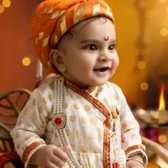 A close-up of our 'Bal Shivaji' looking absolutely adorable with a happy smile. We provide these detailed, authentic costumes for a truly special portrait.