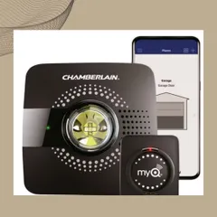 The Chamberlain myQ Smart Garage Control hub is displayed next to its companion app. This device upgrades your existing garage door opener, enabling you to control and monitor it from your smartphone.