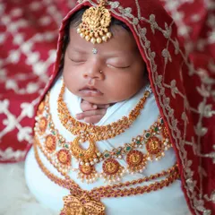 Celebrate your heritage with a traditional Indian themed shoot. This setup features authentic-style baby jewelry and rich fabrics for a culturally significant and beautiful portrait.