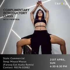 An announcement for a complimentary introductory class in Commercial Choreography. This is a great chance to get a feel for the style before committing to a full batch.