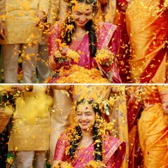 A shower of marigold petals for the bride. We love creating these visually stunning and joyous moments during the Haldi ceremony.