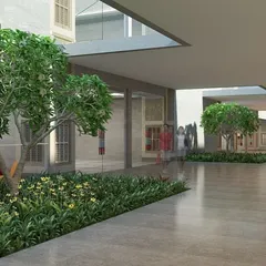 A rendered view of a semi-open courtyard space at the Qutub-Shahi Centre. These areas are designed to provide a gentle transition, with trees and informal seating that connect the galleries to the surrounding park.