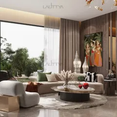 A sublime living space where large glass windows open up to lush greenery, creating a serene, nature-inspired haven. We used a mix of plush textures, earthy tones, and curated art to create a room that feels both luxurious and warm.
