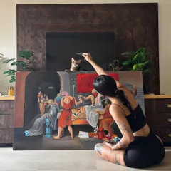 A typical Sunday for me, sitting on the floor and getting lost in a large oil painting. This is me working on the 'Hypebeast Socrates' piece in my home studio.