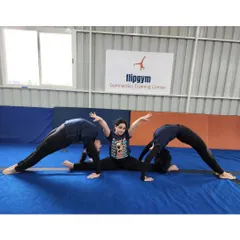 Teamwork makes the dream work. Three of our gymnasts create a partner pose, combining their flexibility in a demonstration of splits and backbends.