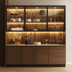 A classic crockery unit design with a dark wood finish. The three glass-front cabinets are lit from within, and the lower cabinets provide plenty of closed storage.
