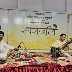On stage with my tabla accompanist for a live broadcast performance at All India Radio's 'Swaranjali' program in the Pt. Ravi Shankar Studio.