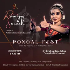 My performance announcement for the annual Pongal Festival at Sri Krishna Gana Sabha in Chennai, a legendary venue. Performing during the Margazhi season is a dream for any dancer.