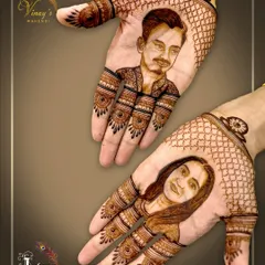 A unique take on couple portraits for the groom. Each palm features a detailed portrait of the bride and groom, connected by delicate latticework for a personal and modern design.