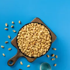 Roasted peanuts styled on a wooden board against a solid blue background. This clean, minimalist setup is ideal for e-commerce product listings and packaging.