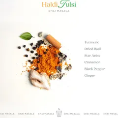 A deconstructed view of my Haldi Tulsi Chai Masala. This Ayurvedic blend features earthy turmeric, aromatic dried basil, star anise, cinnamon, black pepper, and ginger for a soothing and immune-boosting cup of tea.