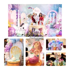 A collage showing the beautiful moments from Kiara's mermaid party. It was a joy to bring this magical underwater theme to life for her and her family at The Leela Palace.
