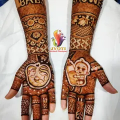 A complete baby shower design showcasing different figures on each hand. One hand features a family portrait, while the other has a cute baby with a milk bottle.