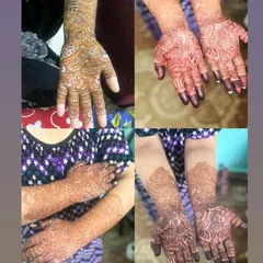 A collage showing the henna journey. You can see the design with fresh paste and then the beautiful, rich stain it leaves behind on the hands and arms.