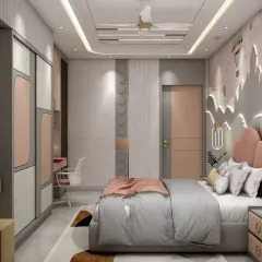 A different angle of the kids' room, showing the seamless integration of the wardrobe and the door. The consistent color scheme creates a harmonious and calming space.