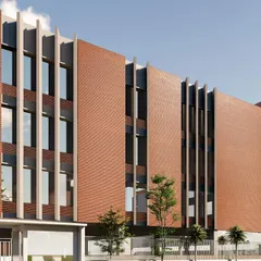 This angled view of the industrial unit's rendering shows the rhythmic pattern of the vertical louvers. This design element is crucial for breaking up the building's mass and providing essential shading for the west-facing wall.