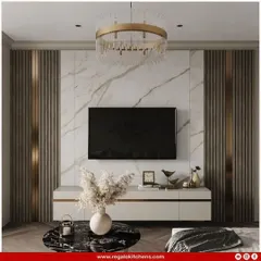An opulent design featuring a marble-clad wall with fluted side panels and gold accents. The floating white console adds a clean, modern touch to the luxurious setup.
