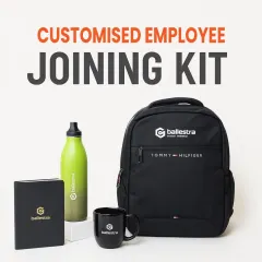 This customized employee joining kit for Ballestra features a durable backpack, a vibrant green water bottle, a ceramic mug, and a notebook, all branded with the company logo for a cohesive and professional look.