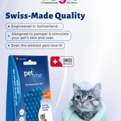 We trust Swiss-made quality for our grooming tools. The Pet+me blue brush is engineered in Switzerland to pamper and stimulate your pet's skin and coat. It's perfect for short-haired cats, rabbits, and small dogs.