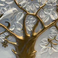 A close-up of the Kalpavriksh mural, showing a delicately sculpted bird perched on a golden branch among the white leaves.