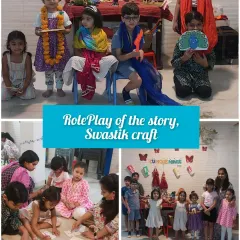 This collage shows the different parts of our mythology workshop: role-play, a Swastik craft activity, and a group photo of all our little actors.