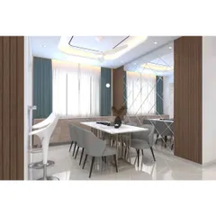 This dining space is defined by its mirrored accent wall, which visually expands the area. The modern dining table and chairs are complemented by a simple bar stool, creating a casual yet chic spot.