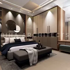 This angle highlights the functional aspects of the bedroom, including the seamless integration of a full-height wardrobe and a dedicated vanity unit. The lighting is strategically placed to illuminate the closet interiors and provide perfect task lighting for the dressing area.