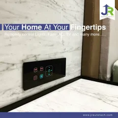 Imagine having complete control of your room right from your bedside. This installation shows one of our multi-function panels on a marble-clad nightstand, putting control of lights, fans, AC, and more at your fingertips for ultimate convenience.