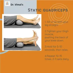 This graphic explains how to perform a Static Quadriceps exercise. This is a foundational exercise to activate the thigh muscles without bending the knee, making it ideal for early stages of knee pain recovery.